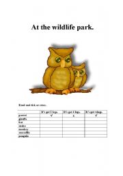 English worksheet: At the wildlife park