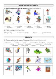 English Worksheet: Musical instruments, sports, free time activities