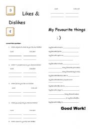 English worksheet: Likes, dislikes and favourite things