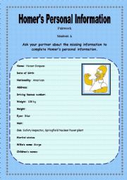 English Worksheet: Homers Personal Information - Pairwork - Student A & B