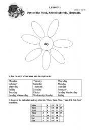 English Worksheet: Days of the week. School subjects. Timetable.