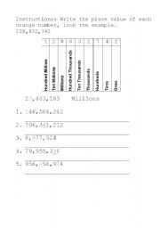 English worksheet: write the place value