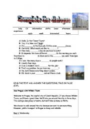 English worksheet: Dialogue completion, reading passage about Prague, true-false exercises