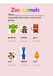 English Worksheet: zoo animal word scramble