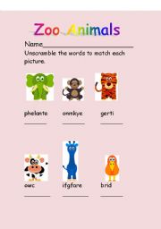 English worksheet: zoo animal word scramble