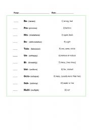 English worksheet: PREFIXES