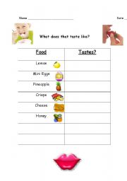 English worksheet: Tasting sheet for senses workshops; taste