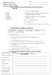 English worksheet: working withvocabulary related to weddings and definitions