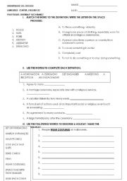 English Worksheet: working withvocabulary related to weddings and definitions