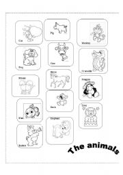 English Worksheet: The animals, flashcards to colour 
