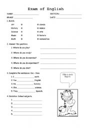 English Worksheet: Exam of English: School Subjects
