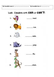 English worksheet: Look. Complete with can or cant 