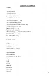 English Worksheet: Expressions for Text Analysis