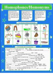 English Worksheet: HOMOPHONES/HOMONYMS 2 pages(1color, 1B & W)