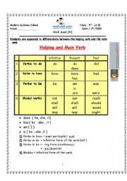 English worksheet: helping verb vs main verb