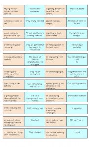 English Worksheet: Dominoes to practise  verb patterns, to infinitive, bare inf. and gerund with prepositions