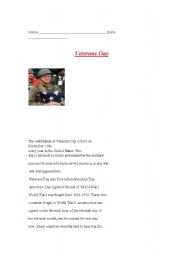 English worksheet: The Veterans Day In The USA