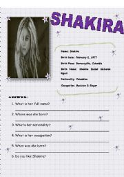 English Worksheet: SHAKIRA (identifying personale informaton)