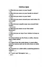 English worksheet: clothes quiz