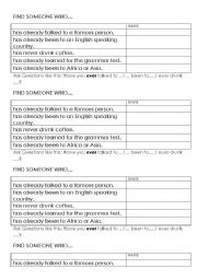 English worksheet: Exercise Find someone who + present perfect