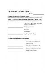 English worksheet: The Prince and the Pauper - test