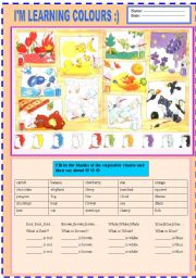 English Worksheet: 2 pages- IM LEARNING COLOURS :) WITH ENJOYABLE CHANTS