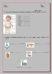 English worksheet: it is about body parts furniture and prepositions