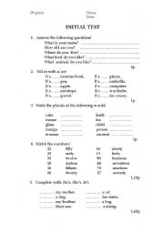 English worksheet: Initial test   5th  grade