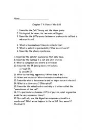 English Worksheet: Cell Lecture Guided Questions- Aligned with California State Standards