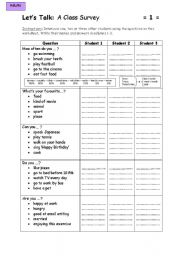 English Worksheet: Lets Talk - A class survey (adapted for adults)