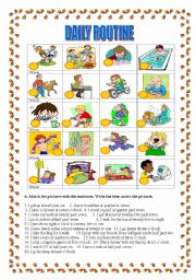 English Worksheet: Daily routine-matching sentences with pictures, clock