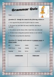 English Worksheet: Grammar Quiz on Nouns( common-proper nouns)