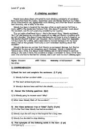 English Worksheet: A climbing accident reading comprehension