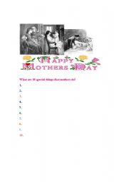 English worksheet: Can you write ten special things that mothers do?