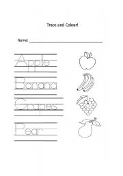 English Worksheet: Fruits trace and colour