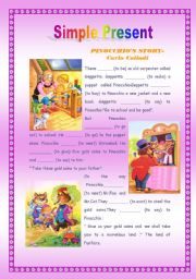English Worksheet: Pinnochios Story - Simple Present - 2 pages