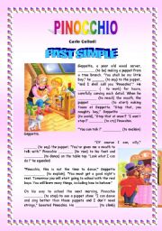 English Worksheet: Pinocchios Story - Past Simple - 4 Pages