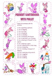 English Worksheet: PRESENT CONTINUOUS WITH PIGLET (2) (3 PAGES)