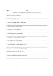 English Worksheet: Unscramble the question