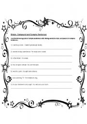 English Worksheet: simple, compound, complex sentences