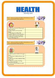 English worksheet: Health - activity card