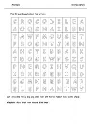 English Worksheet: Animals wordsearch with animals listed