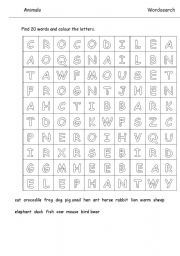 English worksheet: Animals wordsearch with animals listed