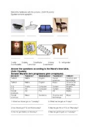 English worksheet: revision of furnitures and timetables
