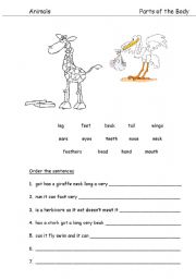 English Worksheet: Animals --parts of the body and sentence ordering