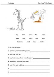 English worksheet: Animals --parts of the body and sentence ordering