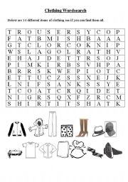 English Worksheet: clothing wordsearch