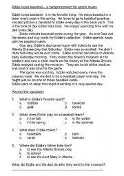 English Worksheet: EDDIE LOVES BASEBALL - COMPREHENSION FOR SPORTS LOVERS