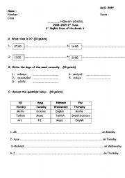 English worksheet: an exam for grade 4