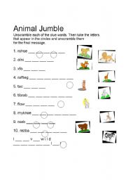 English worksheet: Animal Jumble